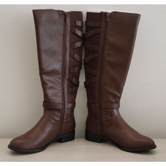 Thalia Sodi Women's Sz 6.5M Cognac Veronika Faux Leather Knee High Riding Boots - Picture 2 of 9